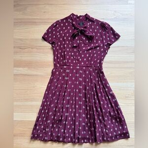J Crew Shirt Dress.  Merlot color with print and tie at neck.  Size 8.